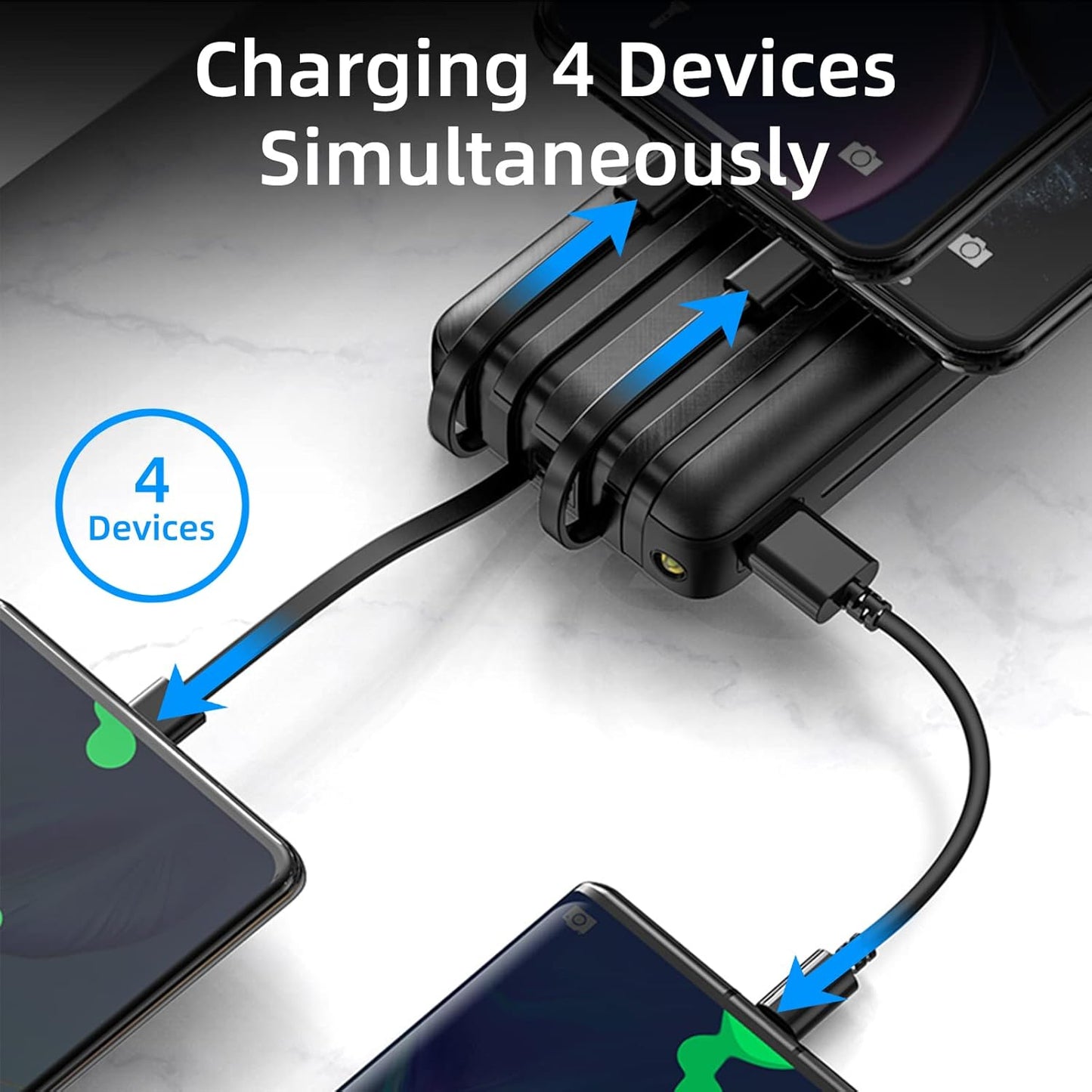 20000 mAh Power Bank 4 Ausgänge 3 Eingänge,Tragbares Ladegerät mit eingebauten Kabeln