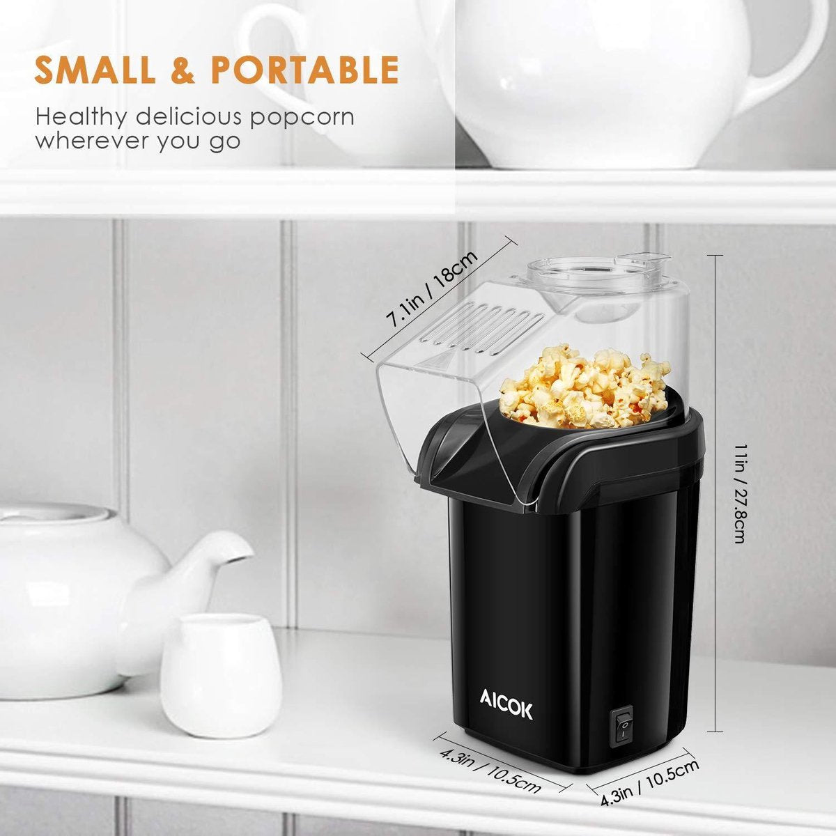 Aicok Popcornmaschine 1200 W. Mit abnehmbarem Messbecher. Abnehmbarer Deckel