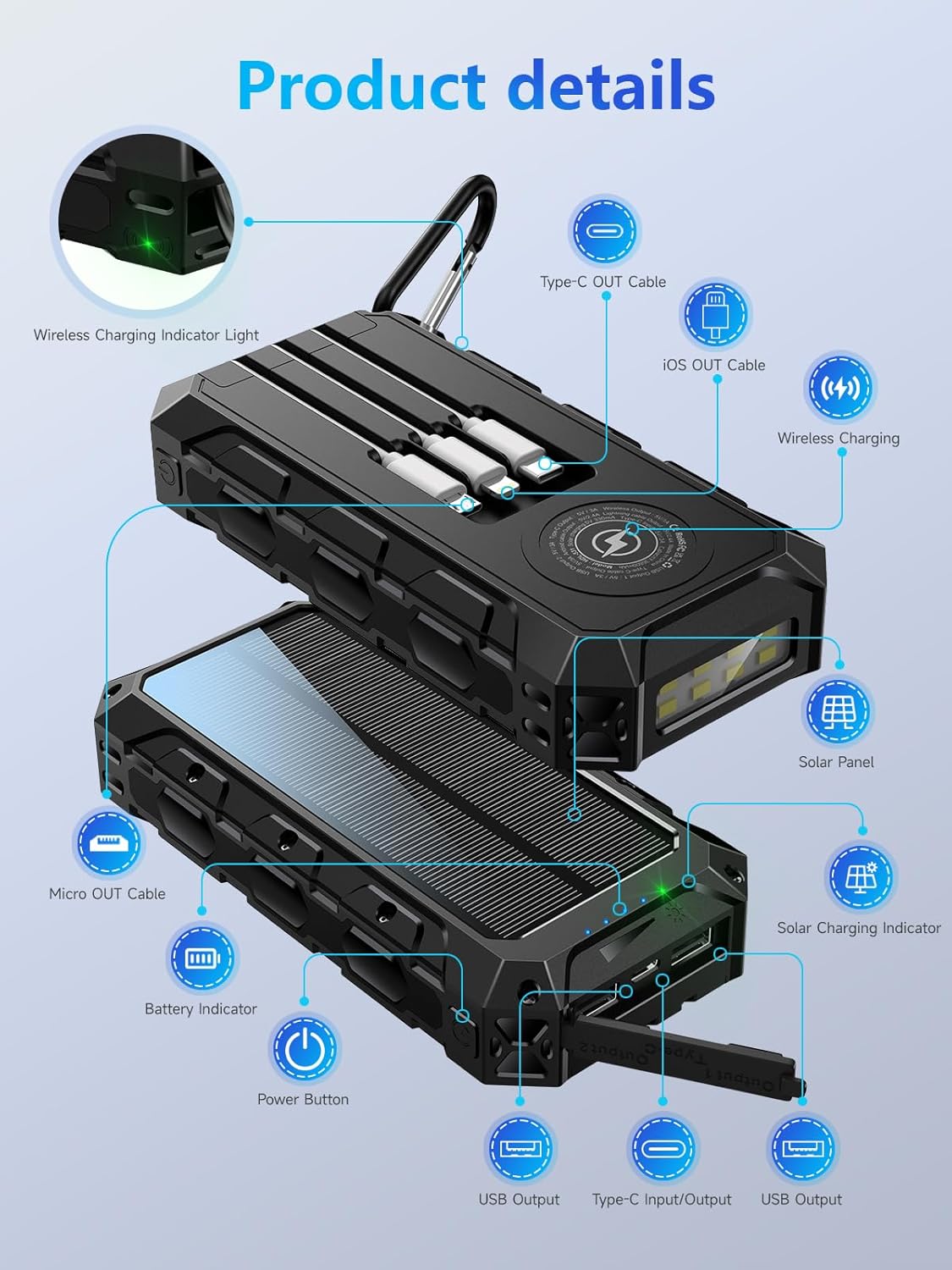 Powerbank 50000 mAh, , 7 Ausgänge/2 Eingänge, Solarbatterie mit Taschenlampe