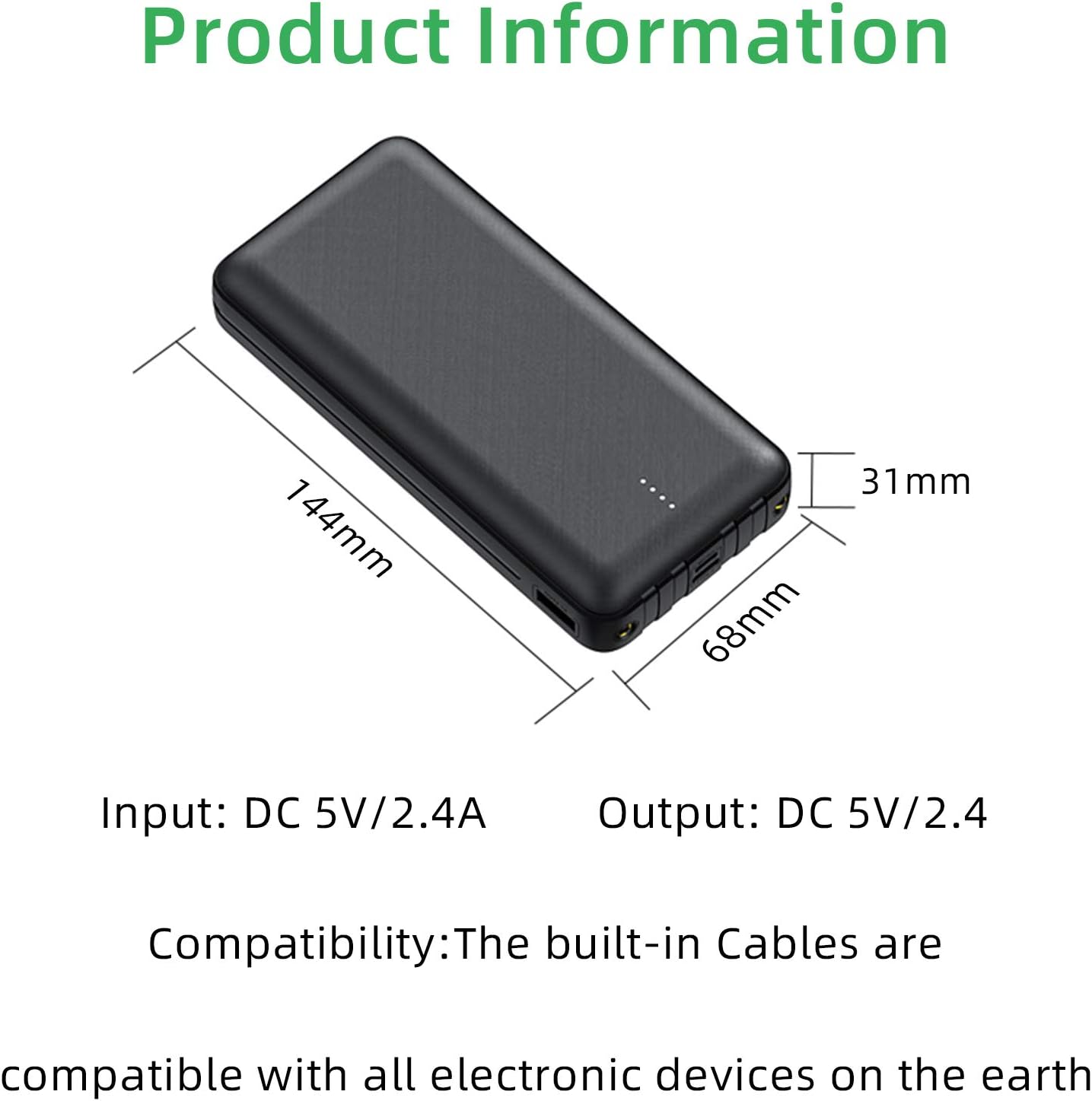 20000 mAh Power Bank 4 Ausgänge 3 Eingänge,Tragbares Ladegerät mit eingebauten Kabeln