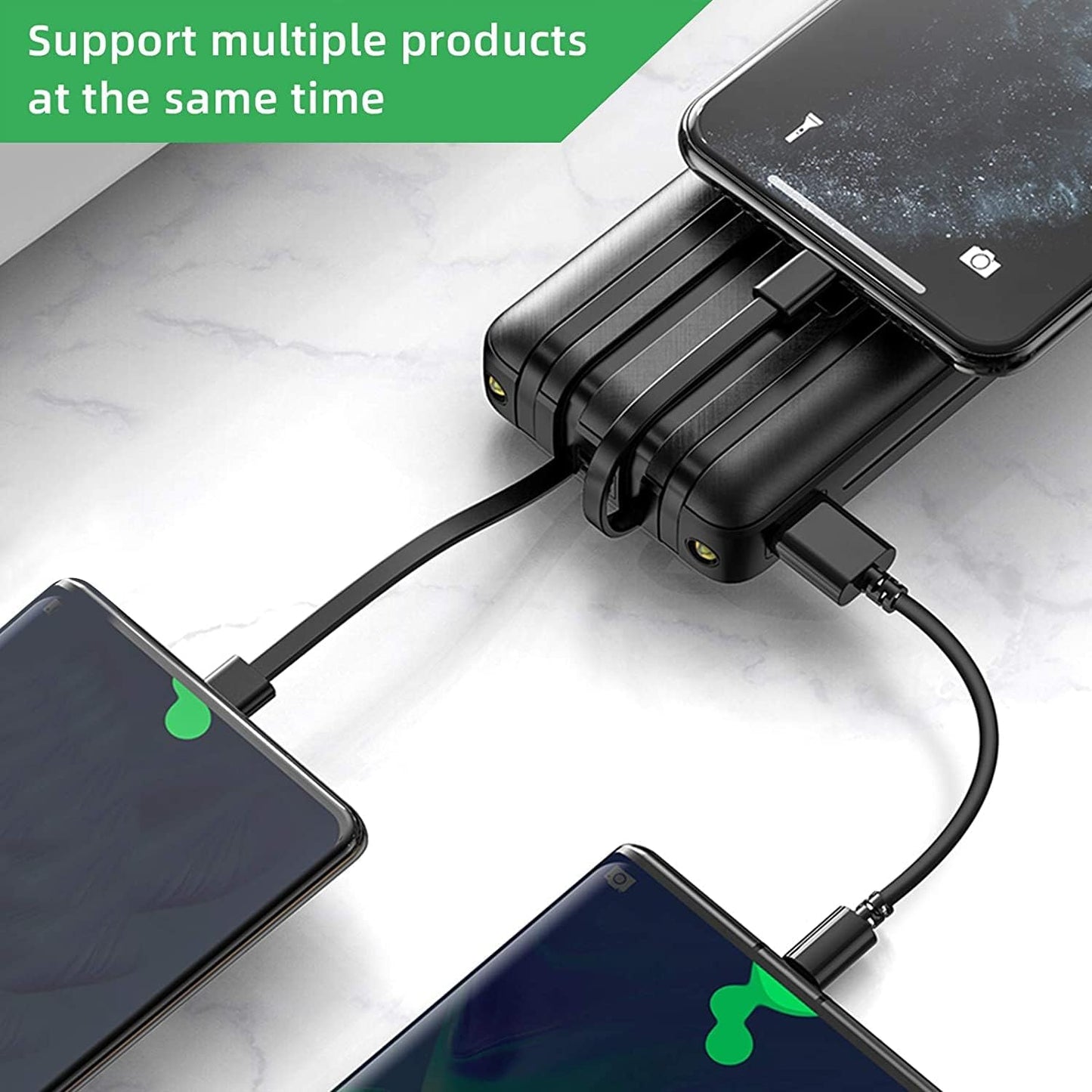 20000 mAh Power Bank 4 Ausgänge 3 Eingänge,Tragbares Ladegerät mit eingebauten Kabeln