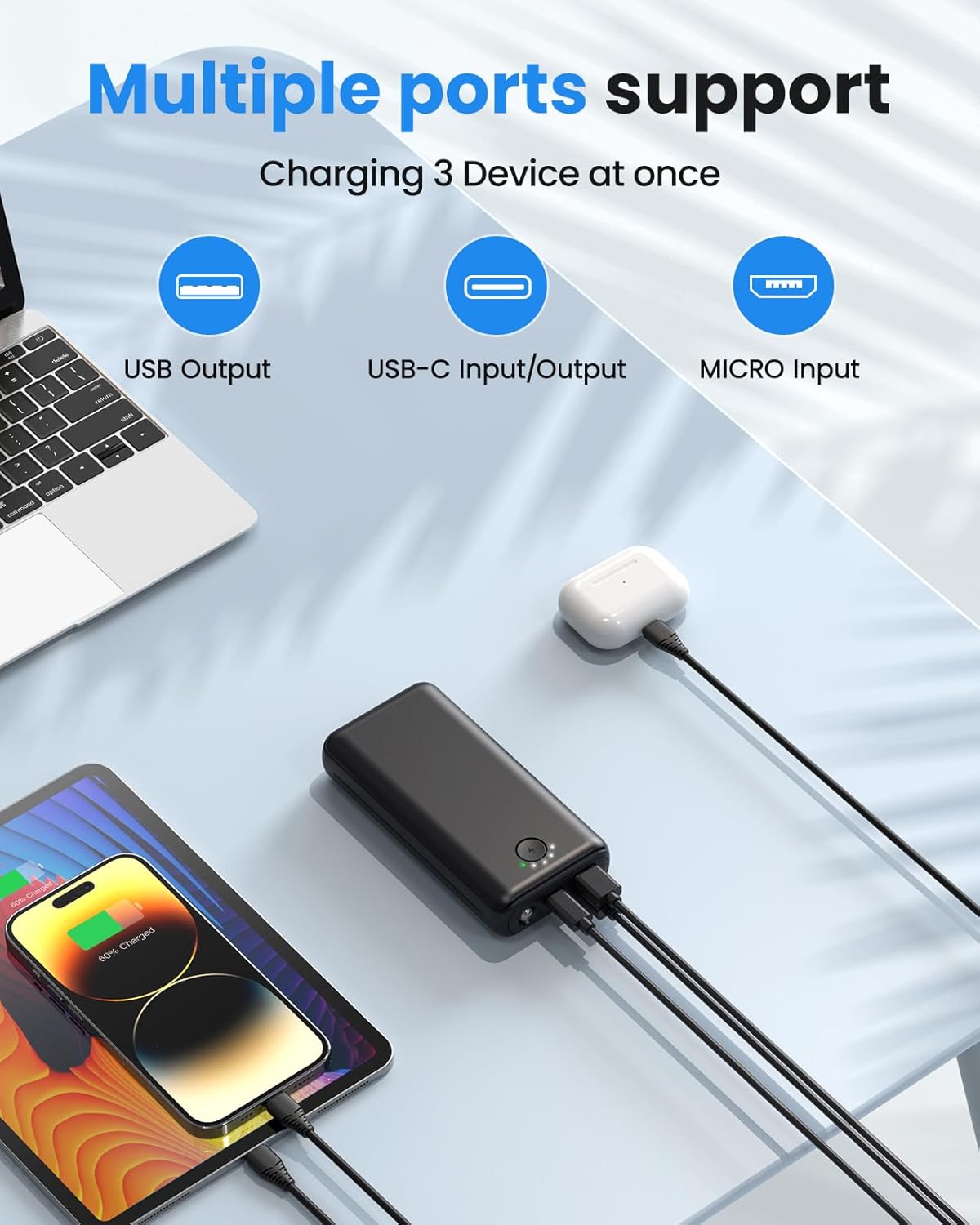 JIGA Powerbank 30000mAh – USB C 22,5 W mit Taschenlampe 3 Aus/ 2 Eingänge