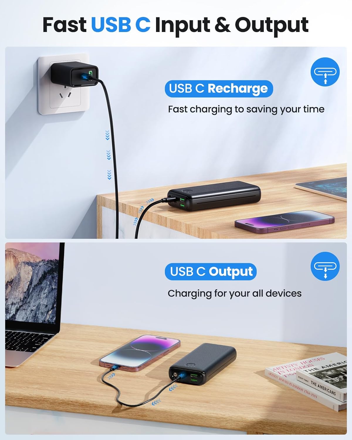 JIGA Powerbank 30000mAh – USB C 22,5 W mit Taschenlampe 3 Aus/ 2 Eingänge