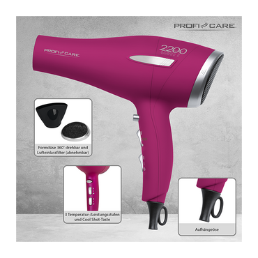 Sèche-cheveux professionnel ProfiCare PC-HT 3045 2200 W - 3 réglages de température Lilas