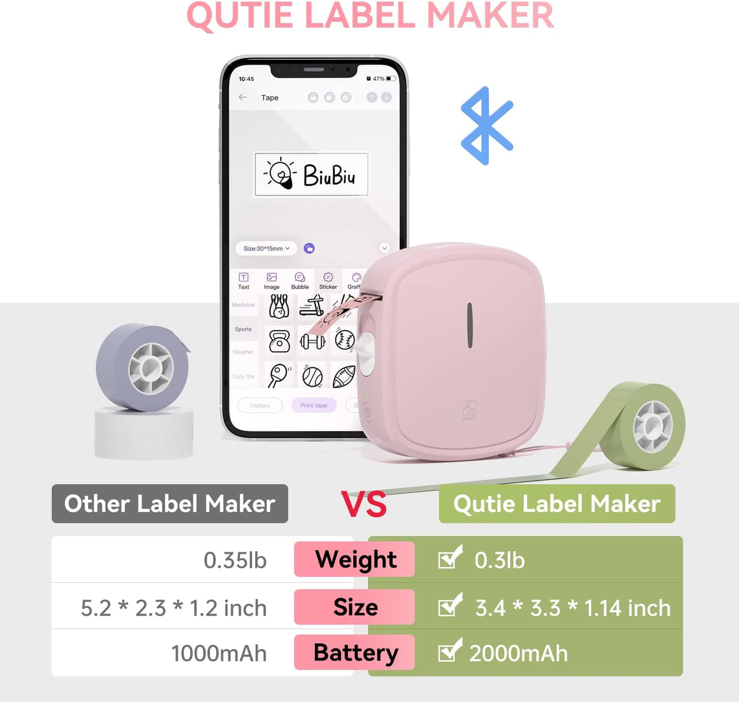 PRT Qutie Bluetooth Etikettendrucker,Beschriftungsgerät, labeldrucker Rosa