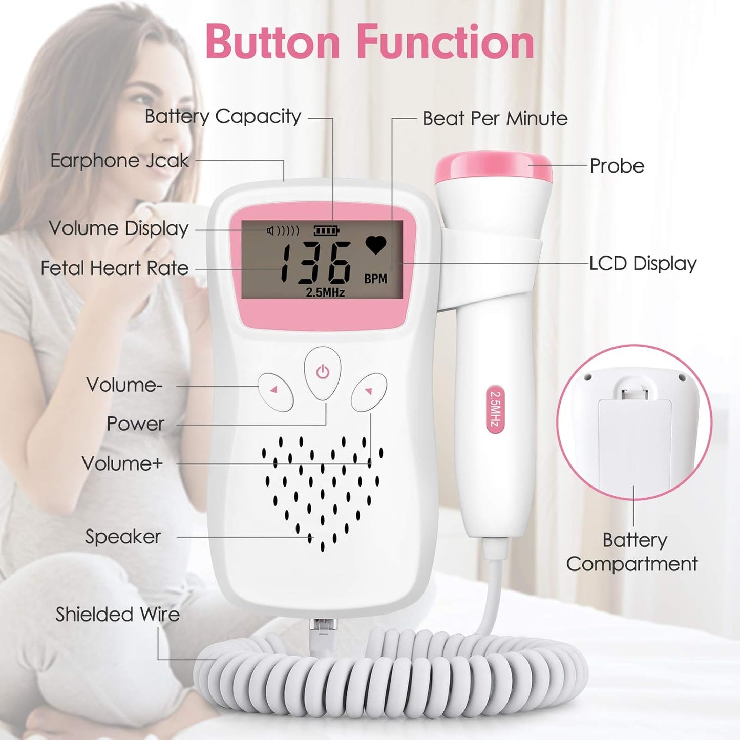 Fetal Doppler pink mit 2.5 MHz Sonde + 100 g Ultraschall Gel