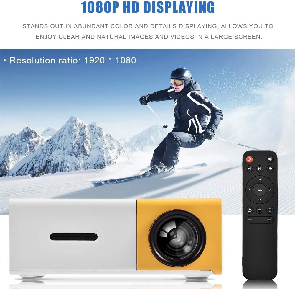 Mini Beamer projektor, Heimkino Tragbarer LED-Projektor HD HDMI Multimedia-Spiele Heimkino-Filmprojektor (Gelb/Weiß)