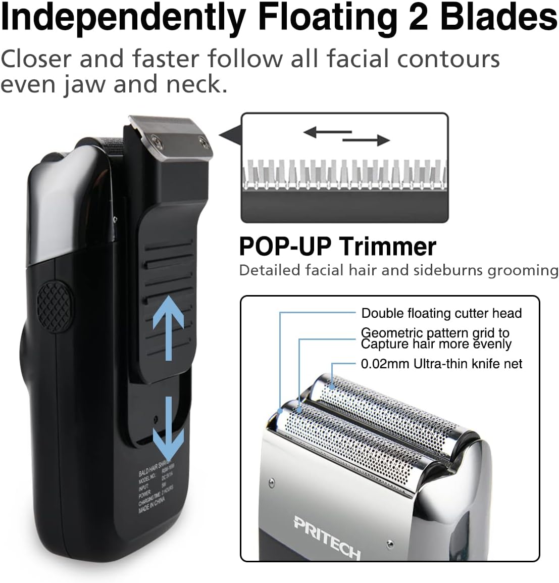 PRITECH 2-in-1 Elektrorasierer für Männer – Folienrasierer & Ausklapp-Trimmer für Bart und Glatze,