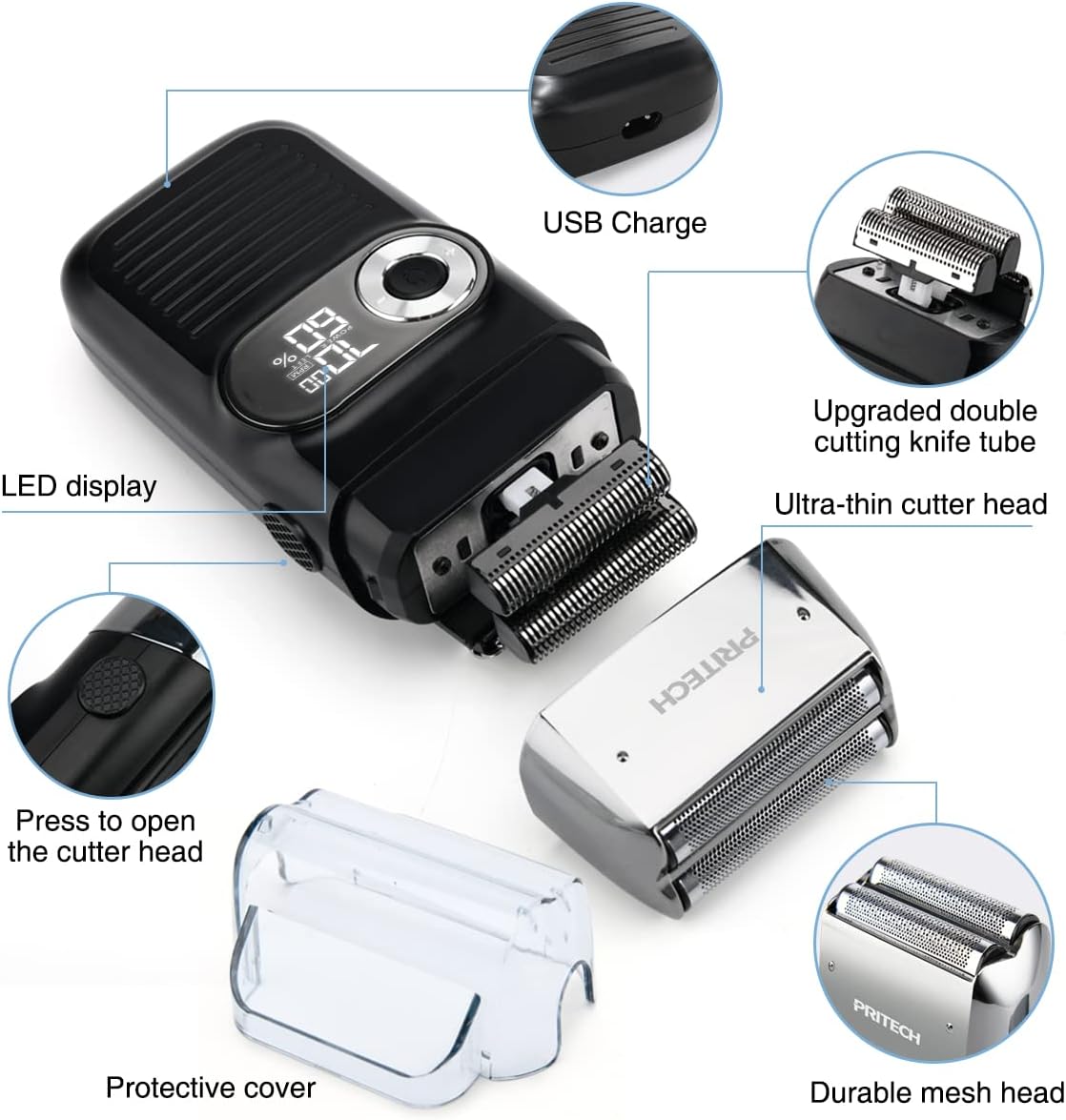PRITECH 2-in-1 Elektrorasierer für Männer – Folienrasierer & Ausklapp-Trimmer für Bart und Glatze,