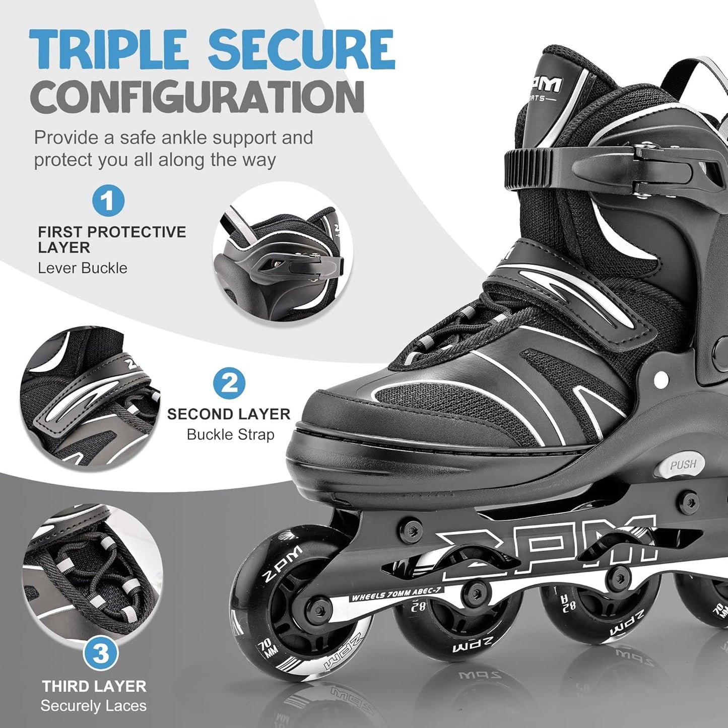 2PM SPORTS Verstellbare Inline-Skates Rollschuhe für Kinder Grau Medium(EU 34-37)