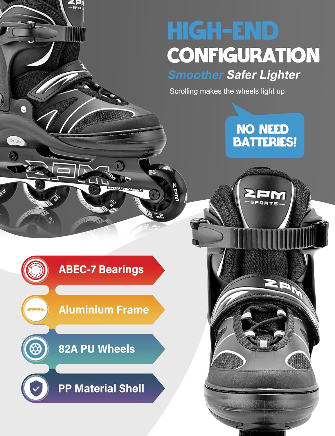 2PM SPORTS Verstellbare Inline-Skates Rollschuhe für Kinder Grau Medium(EU 34-37)