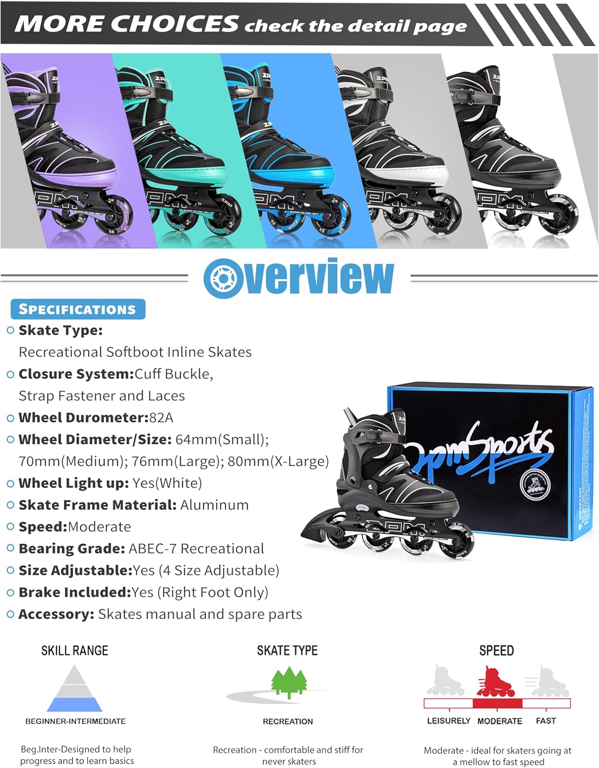 2PM SPORTS Verstellbare Inline-Skates Rollschuhe für Kinder Grau Medium(EU 34-37)