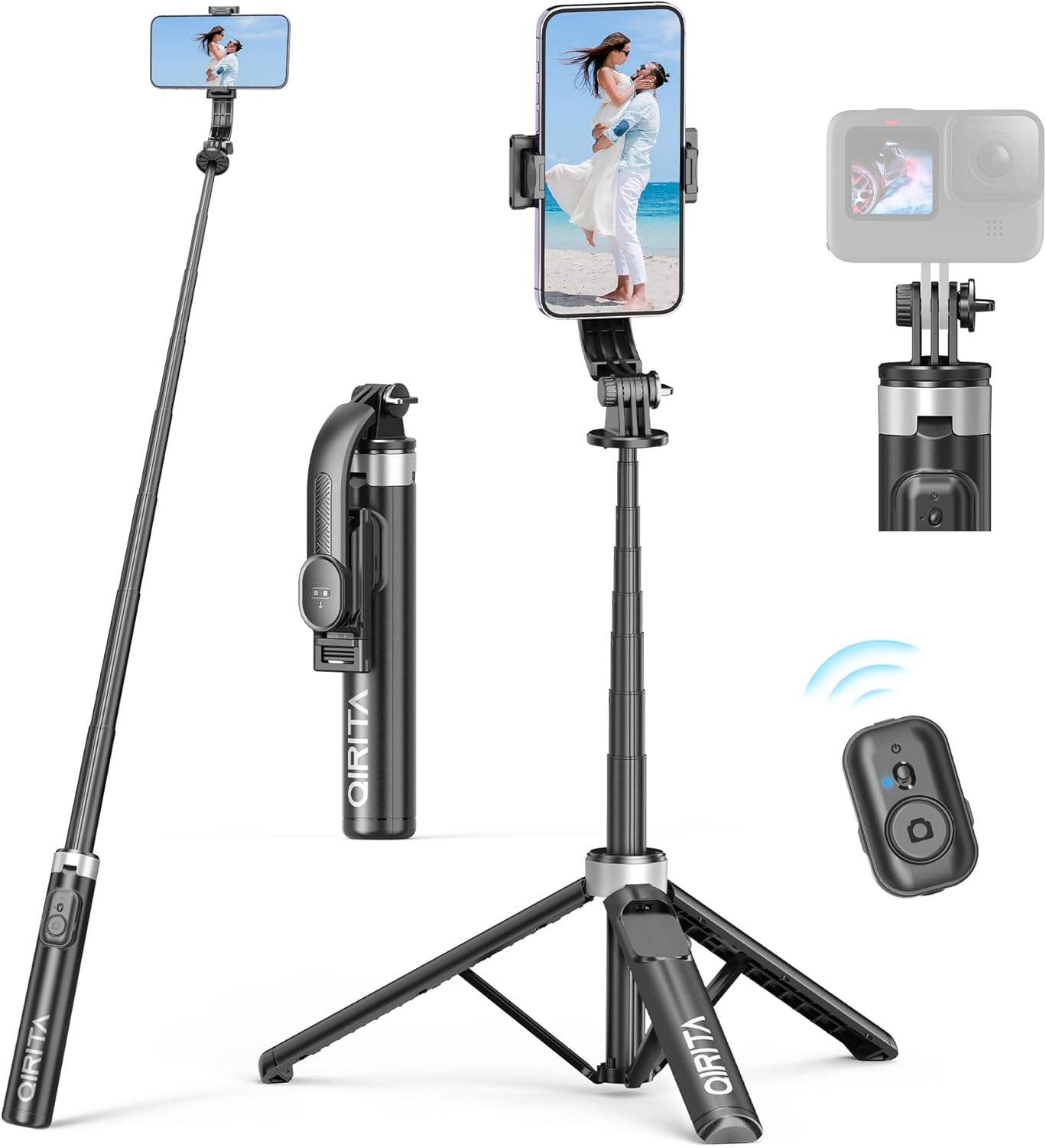 Qirita Selfie-Stick-Stativ, 130 cm ausziehbarer Handy-Ständer mit Fernbedienung Schwarz