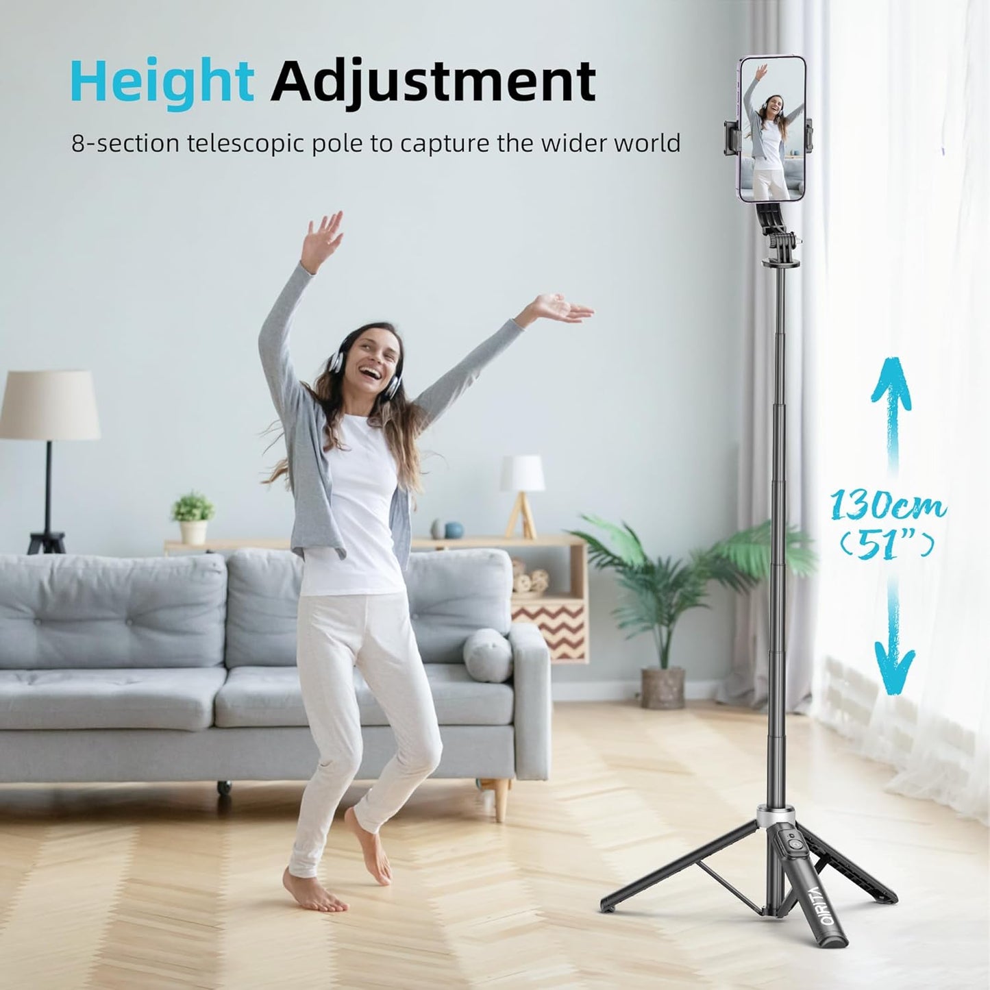 Qirita Selfie-Stick-Stativ, 130 cm ausziehbarer Handy-Ständer mit Fernbedienung Schwarz