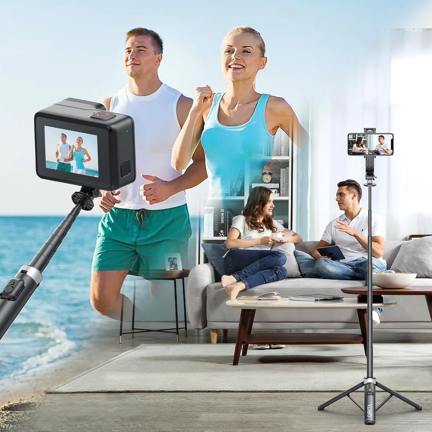 Qirita Selfie-Stick-Stativ, 130 cm ausziehbarer Handy-Ständer mit Fernbedienung Schwarz