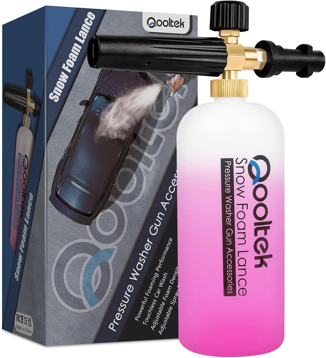 Qooltek Einstellbare Schaumkanone 1 Liter Flasche Schneeschaumlanze Seifenspender Schaumdüse für Karcher K Serie K2 K3 K4 K5 K6 K7 Hochdruckreiniger aus Messing