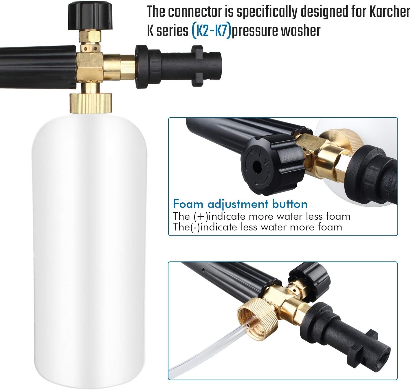 Qooltek Einstellbare Schaumkanone 1 Liter Flasche Schneeschaumlanze Seifenspender Schaumdüse für Karcher K Serie K2 K3 K4 K5 K6 K7 Hochdruckreiniger aus Messing
