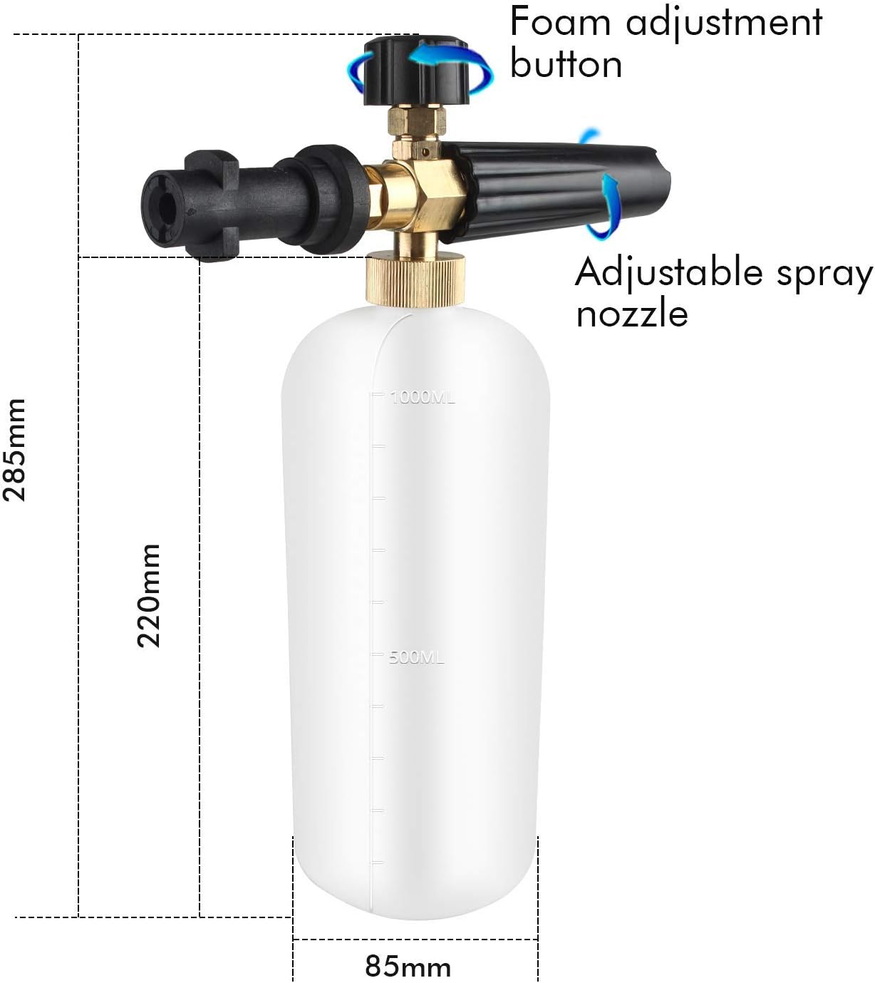 Qooltek Einstellbare Schaumkanone 1 Liter Flasche Schneeschaumlanze Seifenspender Schaumdüse für Karcher K Serie K2 K3 K4 K5 K6 K7 Hochdruckreiniger aus Messing