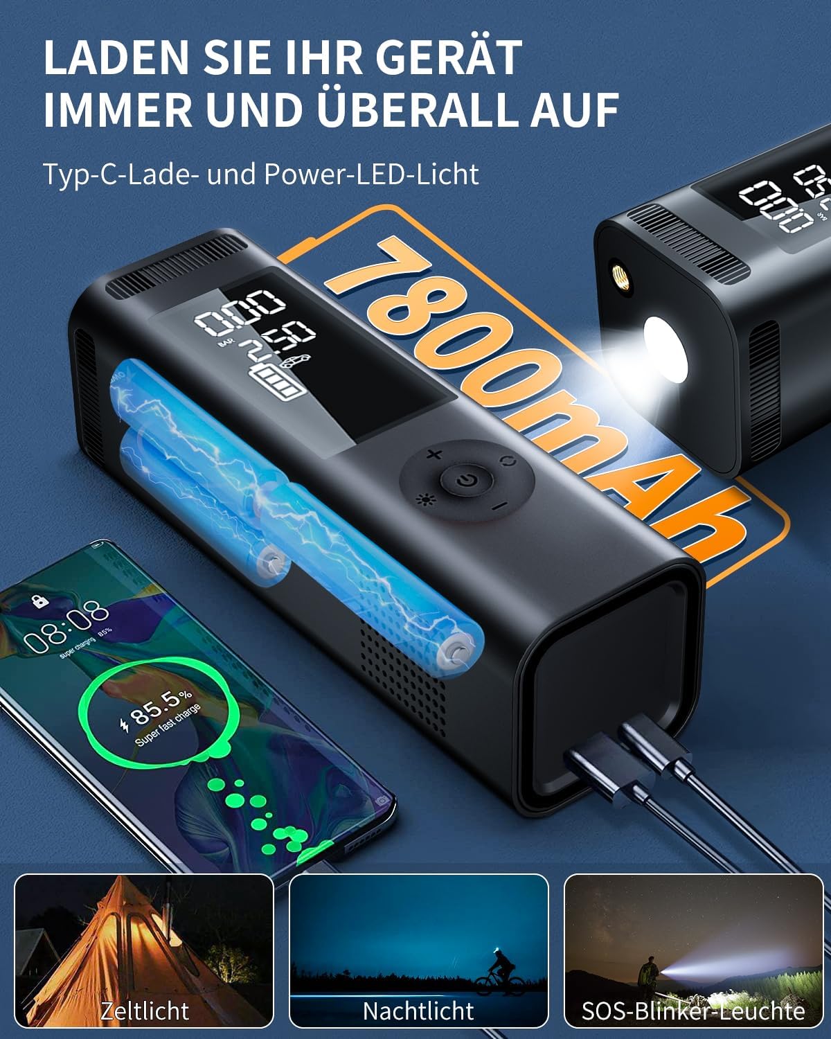 Rabbitxoco Elektrische Luftpumpe für unterwegs, 150 PSI, 7800 mAh, wiederaufladbar
