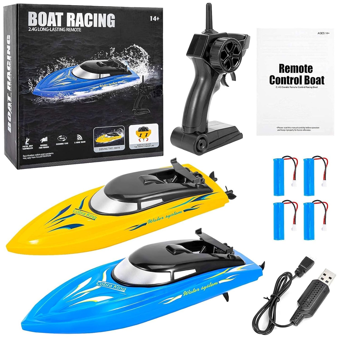 2er-Pack RC-Boote, ferngesteuerte Boote für Pools und Seen für Kinder und Erwachsene, 2,4-GHz mit 4 wiederaufladbaren Batterien, Blau/Gelb