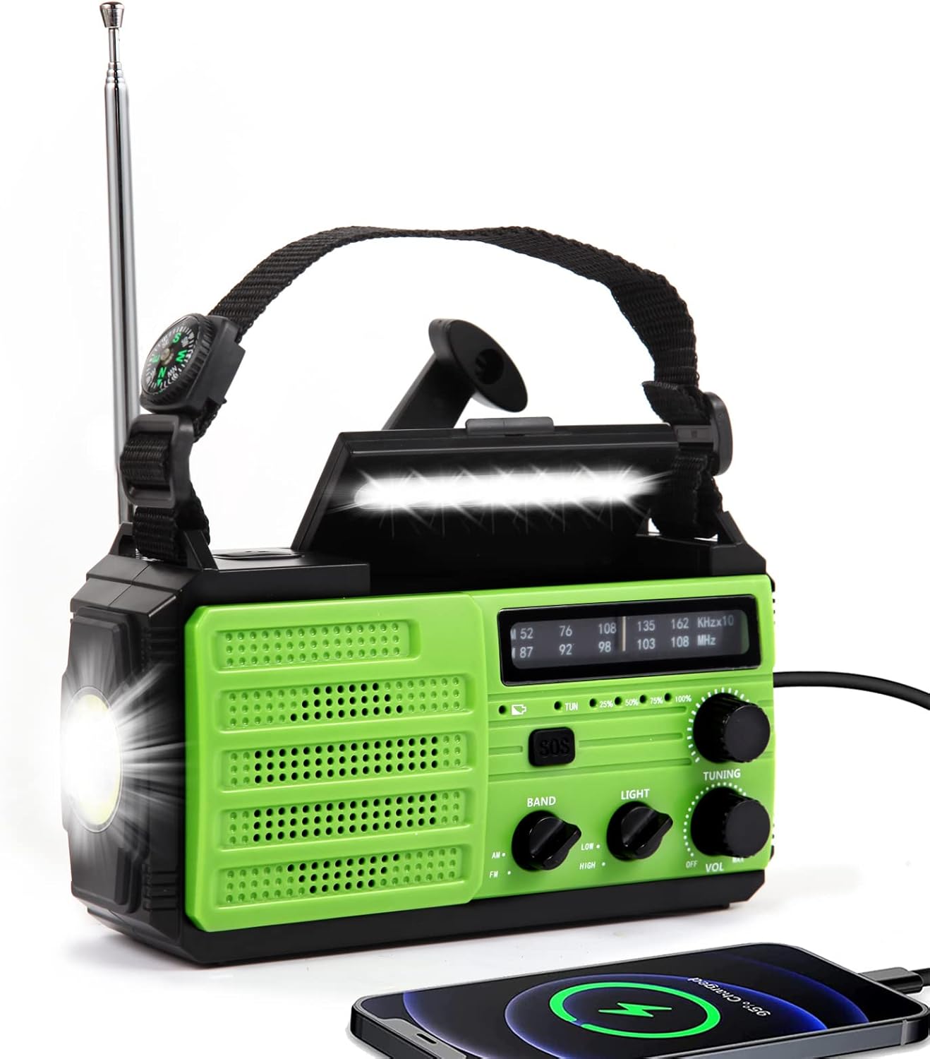 Notfallradio Solar Kurbel Tragbares Radio,8000mAh mit LED Taschenlampe & Leselicht, Grün