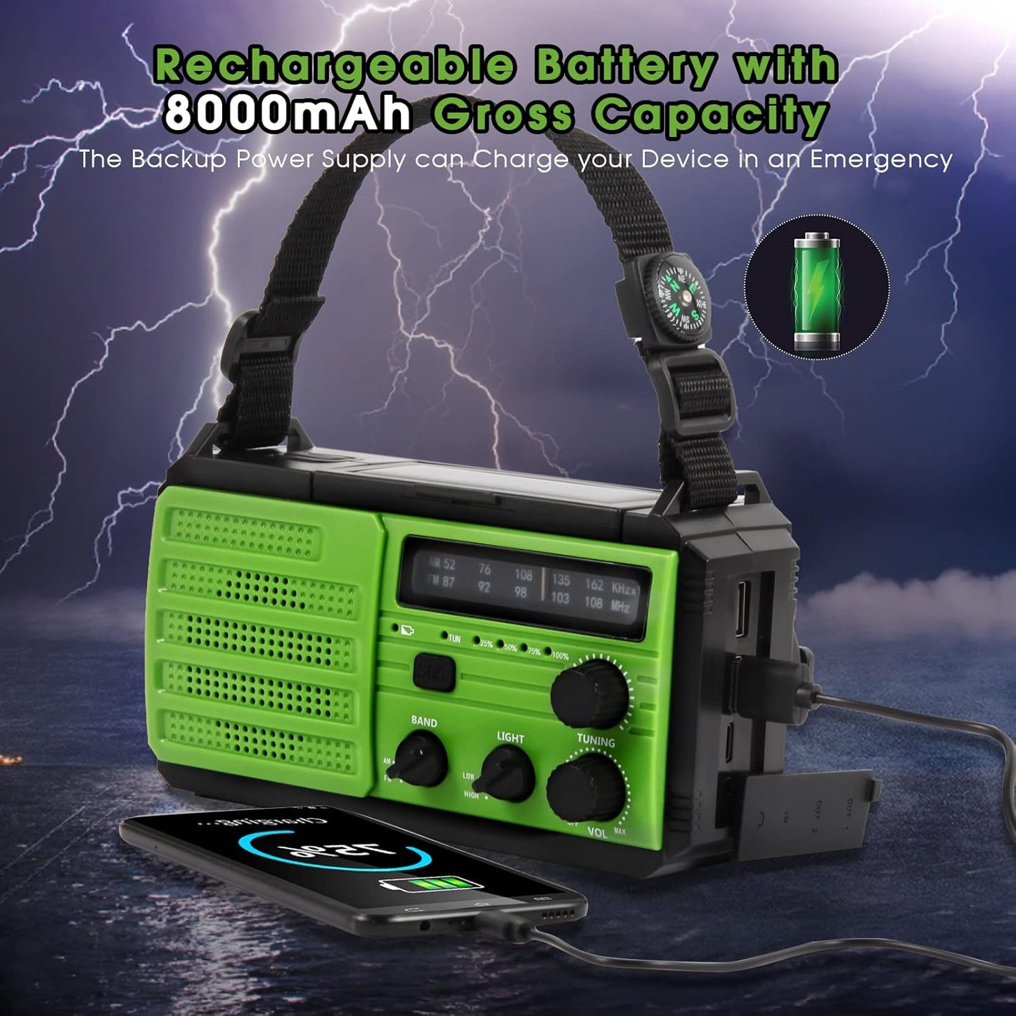 Notfallradio Solar Kurbel Tragbares Radio,8000mAh mit LED Taschenlampe & Leselicht, Grün