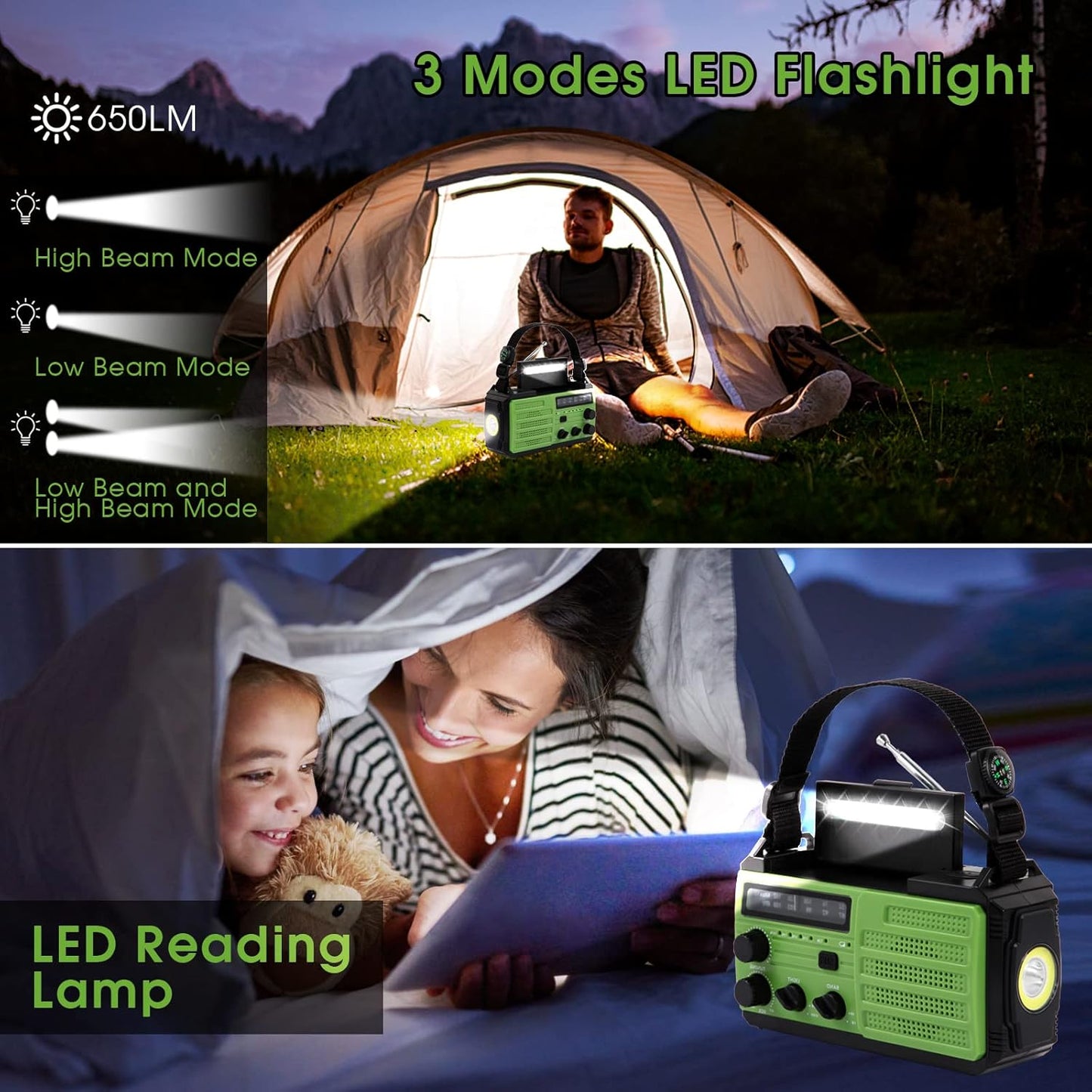 Notfallradio Solar Kurbel Tragbares Radio,8000mAh mit LED Taschenlampe & Leselicht, Grün