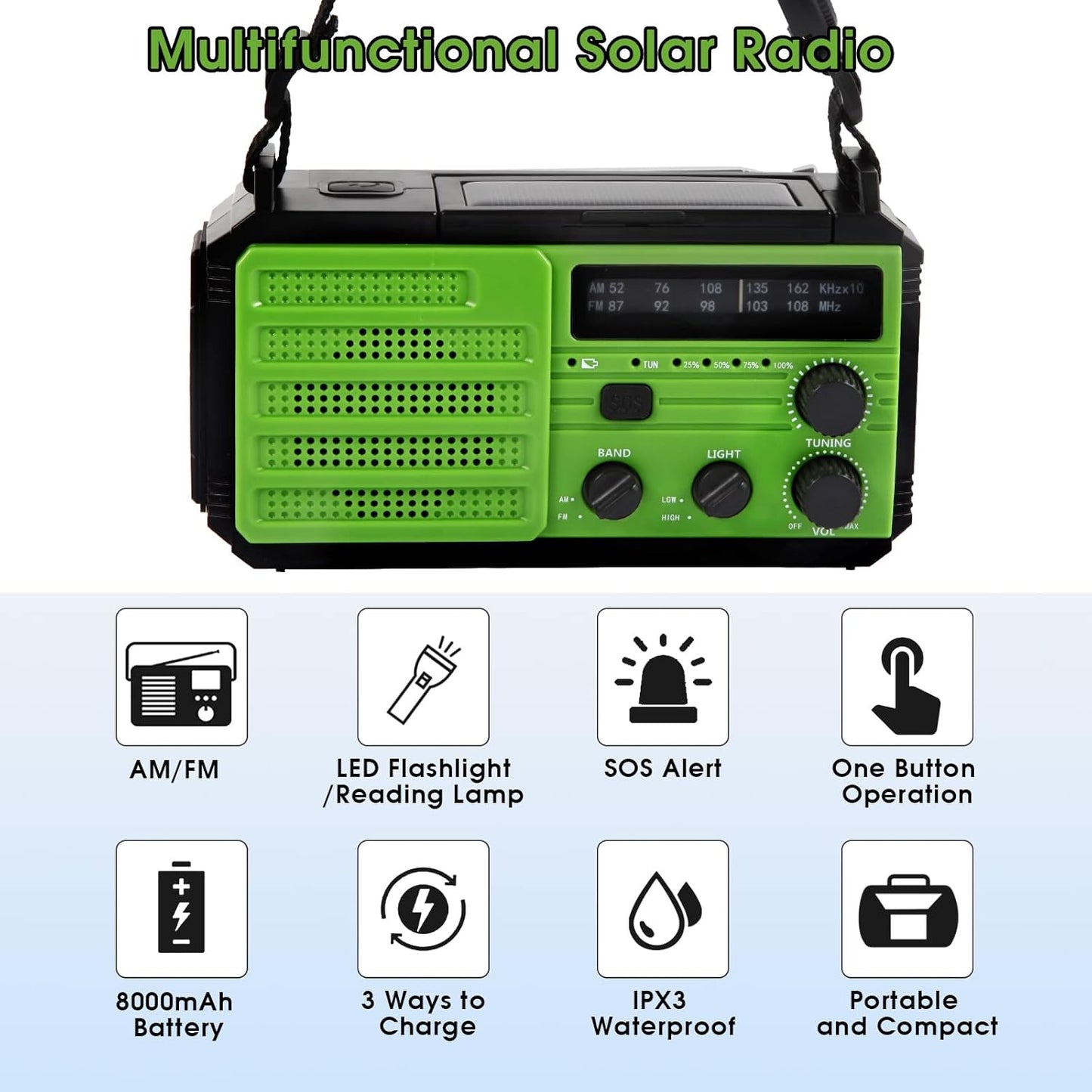 Notfallradio Solar Kurbel Tragbares Radio,8000mAh mit LED Taschenlampe & Leselicht, Grün