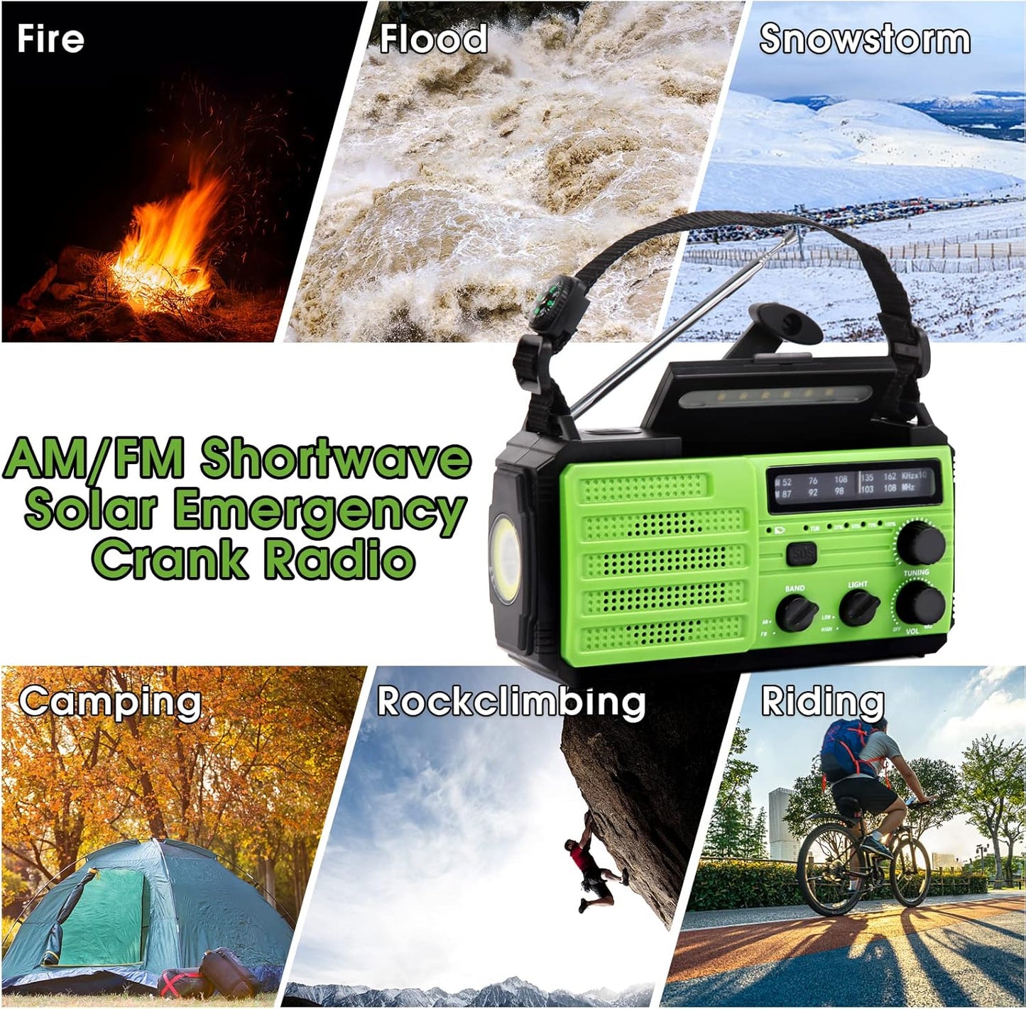 Notfallradio Solar Kurbel Tragbares Radio,8000mAh mit LED Taschenlampe & Leselicht, Grün