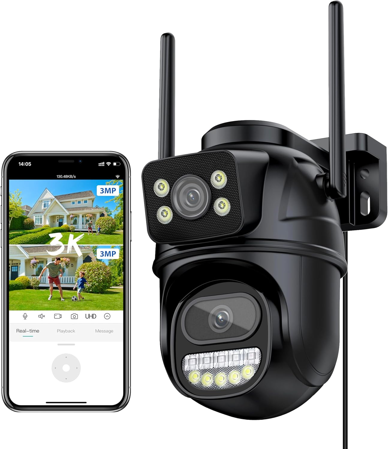 Reobiux Überwachungskamera 2K/6MP Outdoor mit Doppelobjektiv, Schwarz
