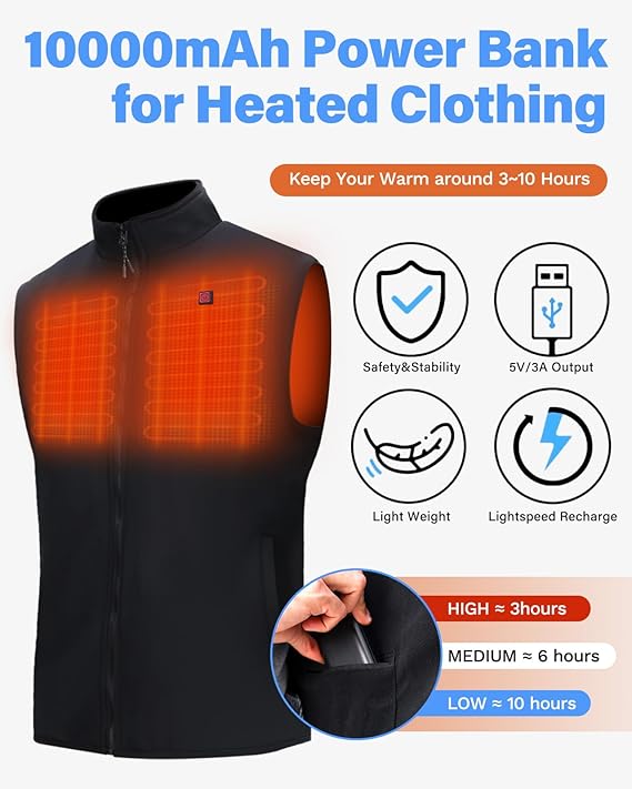 Rrtizan Beheizte Weste für Herren mit Powerbank mit 3 Temperaturstufen (S)