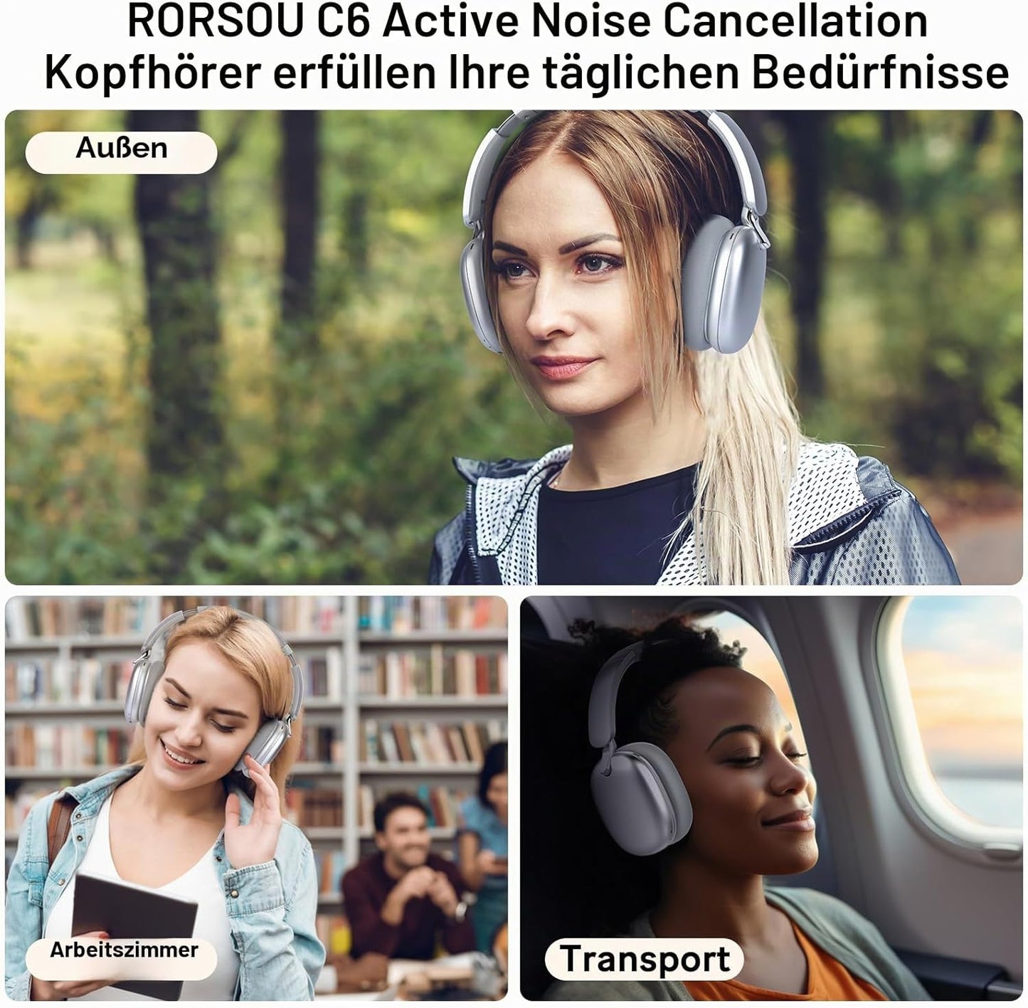 RORSOU C6 Aktive Noise-Cancelling-Kopfhörer, Drahtlose Headset mit Mikrofon Silber