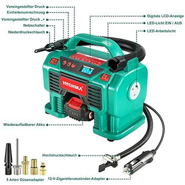 HYCHIKA Akku Luftkompressor 18V, Auto Luftpumpe, Reifenpumpe mit LCD Display, LED Licht, automatische Abschaltung