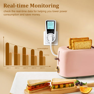 Stromzähler für Steckdose, Energiekostenzähler mit Kinderschutz, Stromverbrauchszähler mit LCD-Bildschirm Hintergrundbeleuchtung, Energieüberwachungsstecker mit Überlastschutz