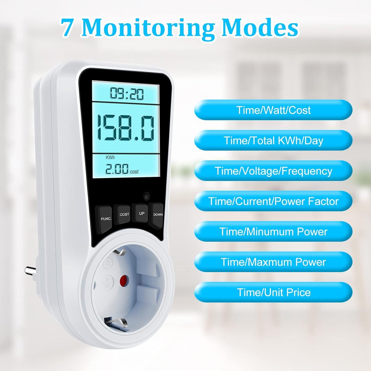 Stromzähler für Steckdose, Coûts énergétiques zähler avec Protection des enfants, Dispositifs de protection électrique avec LCD-Bildschirm Hintergrundbeleuchtung, Energieüberwachungsstecker avec Überlastschutz