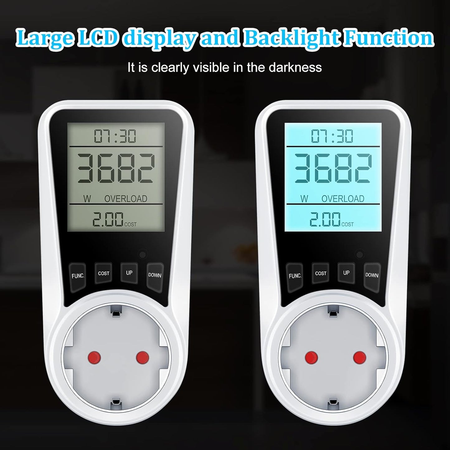 Stromzähler für Steckdose, Coûts énergétiques zähler avec Protection des enfants, Dispositifs de protection électrique avec LCD-Bildschirm Hintergrundbeleuchtung, Energieüberwachungsstecker avec Überlastschutz