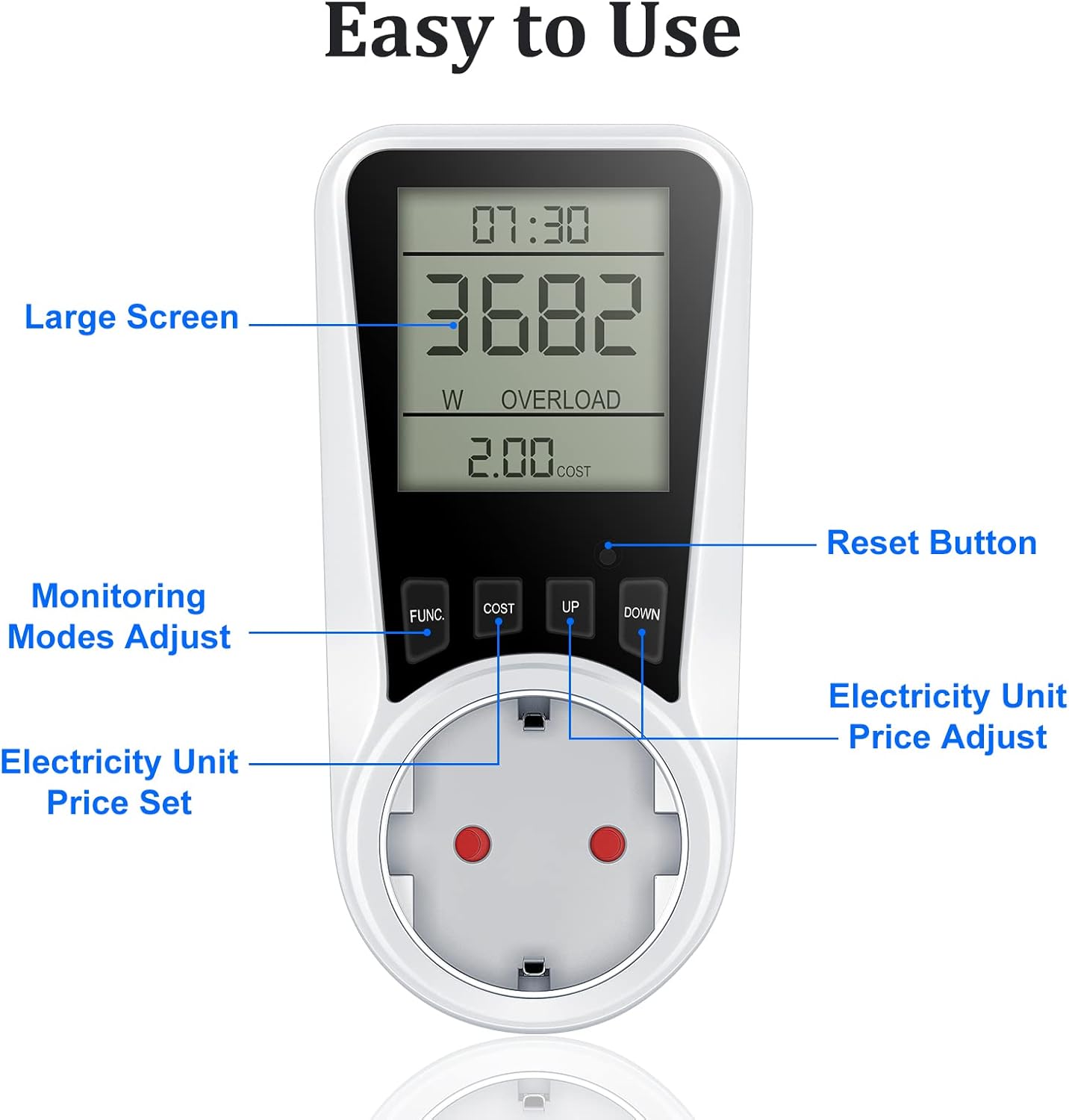 Stromzähler für Steckdose, Coûts énergétiques zähler avec Protection des enfants, Dispositifs de protection électrique avec LCD-Bildschirm Hintergrundbeleuchtung, Energieüberwachungsstecker avec Überlastschutz