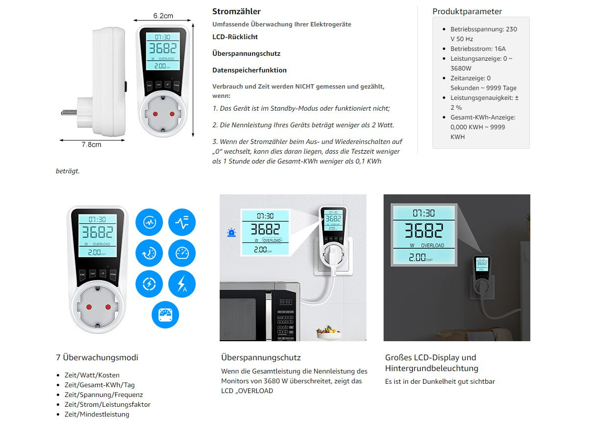 Stromzähler für Steckdose, Coûts énergétiques zähler avec Protection des enfants, Dispositifs de protection électrique avec LCD-Bildschirm Hintergrundbeleuchtung, Energieüberwachungsstecker avec Überlastschutz