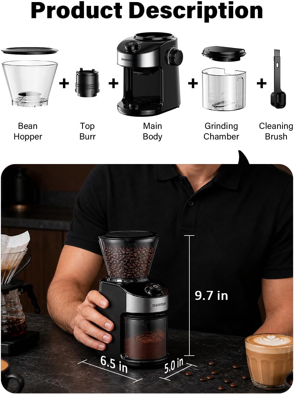 SHARDOR Burr Kaffeemühle Elektrisch mit 32 Mahlgrößen,elektrisches Mahlen,Schwarz