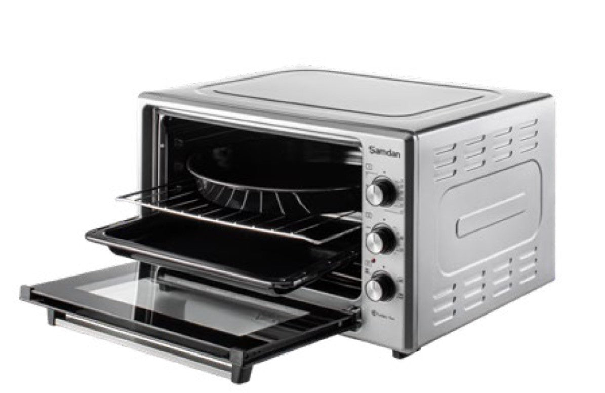 ŞAMDAN 2033 Minibackofen mit Kochplatten 60 L Thermostatsteuerung 1300W, Doppelverglasung,Turbo, Timer, Backofenbeleuchtung, Temperaturregelung Inox