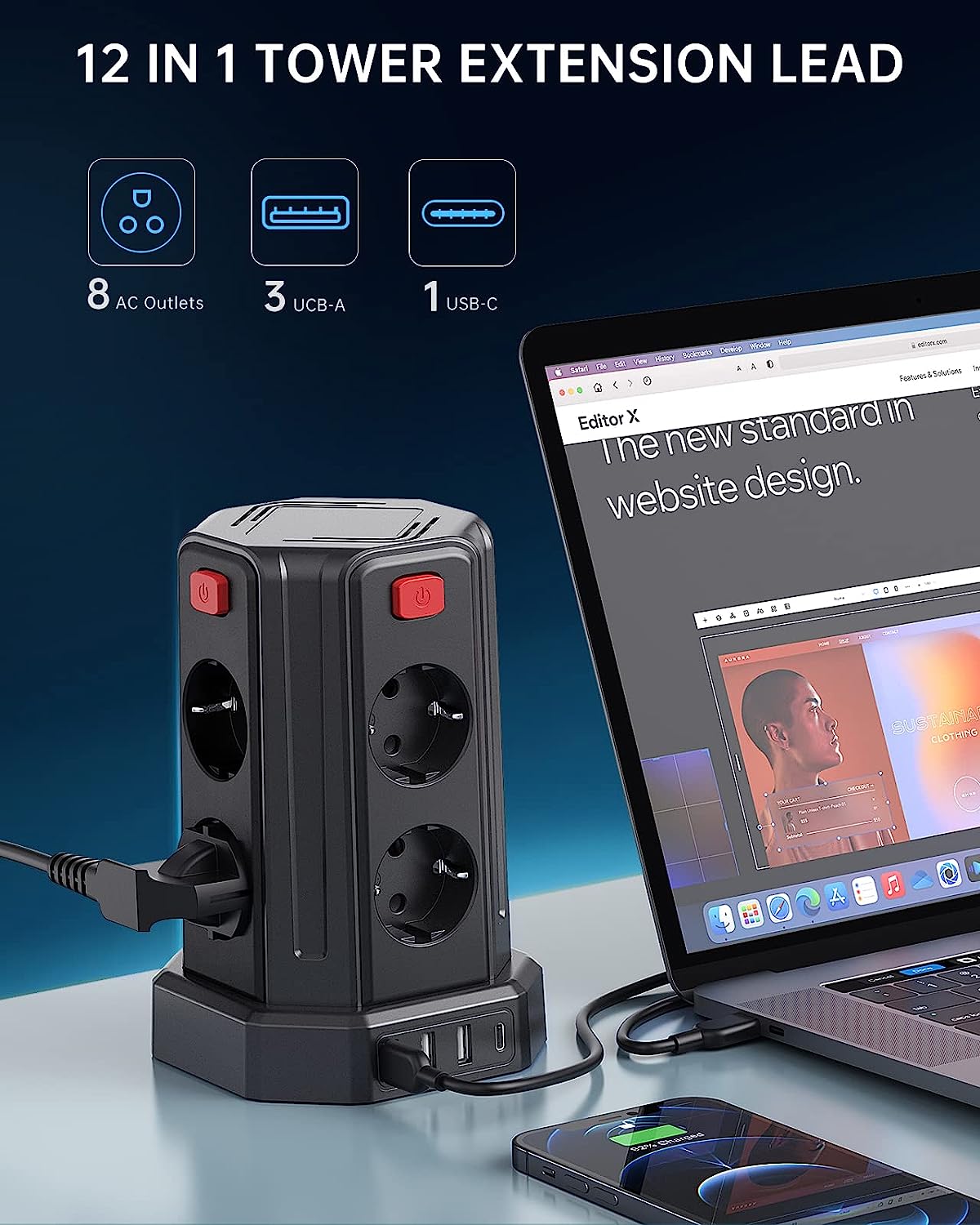 Sameriver 8 Fach Steckdosenleiste mit 3M Kabel, mit 3 USB A, 1 USB C 5 Schalter