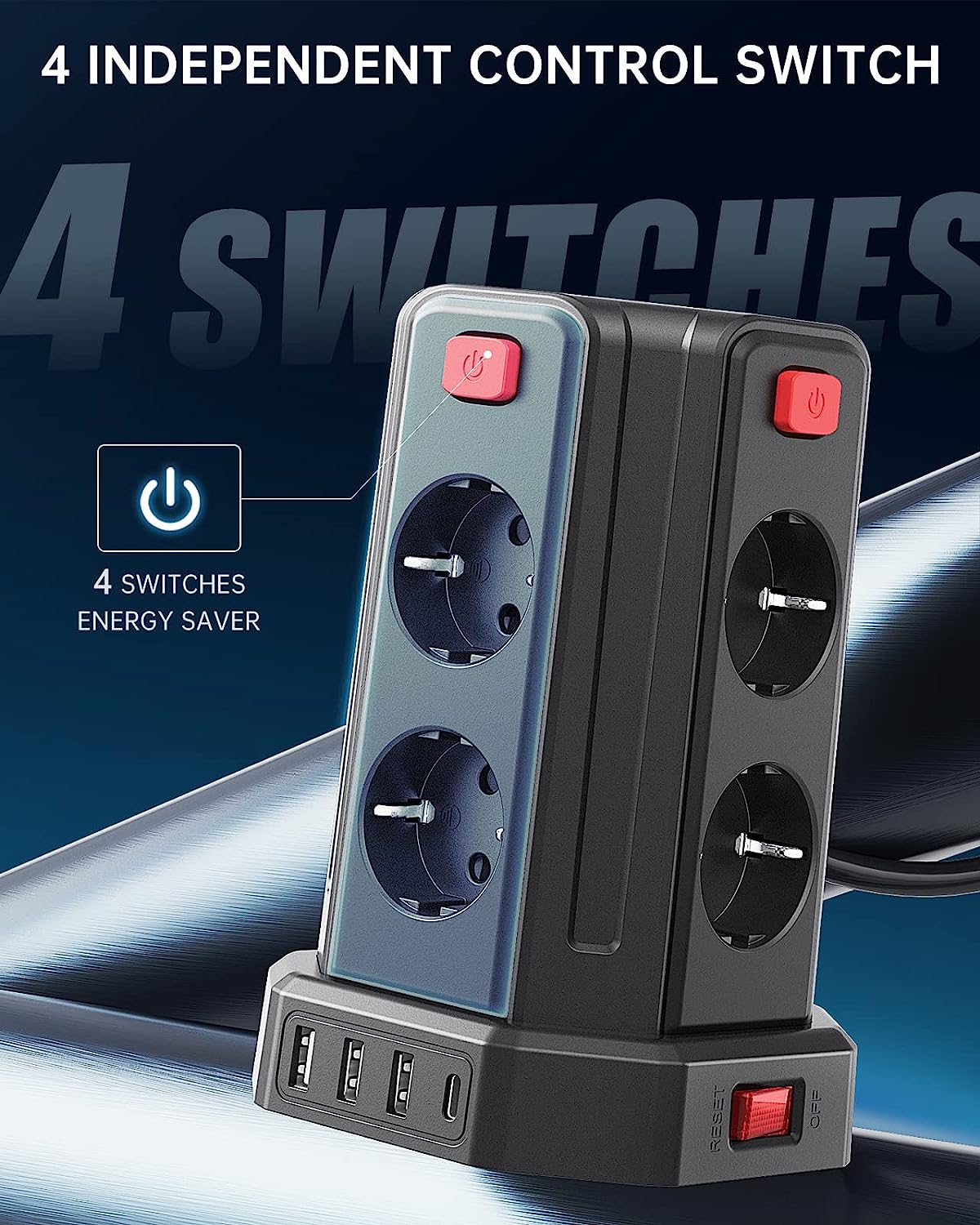 Sameriver 8 Fach Steckdosenleiste mit 3M Kabel, mit 3 USB A, 1 USB C 5 Schalter