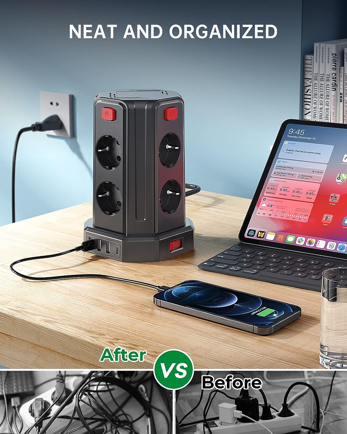 Sameriver 8 Fach Steckdosenleiste mit 3M Kabel, mit 3 USB A, 1 USB C 5 Schalter