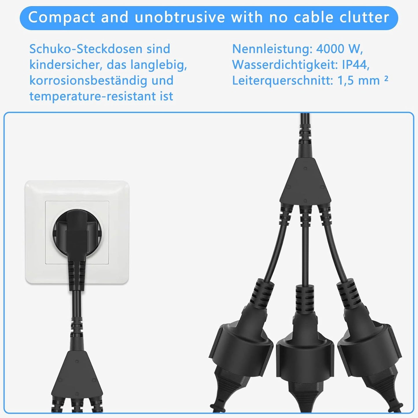 3 Fach Steckdose, Dreifachsteckdose 16A/250V, Steckdosenverteiler IP44 Wasserdicht,Schwarz