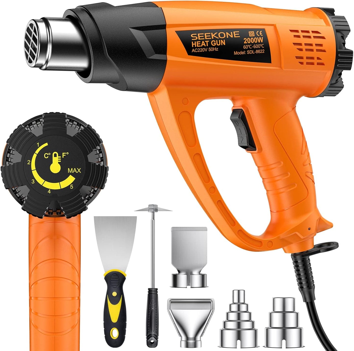 SEEKONE Heißluftpistole Kit, Variable Temperaturregelung 60℃- 600℃ Heissluftgebläse mit 7 Zubehör