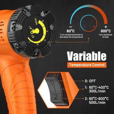 SEEKONE Heißluftpistole Kit, Variable Temperaturregelung 60℃- 600℃ Heissluftgebläse mit 7 Zubehör