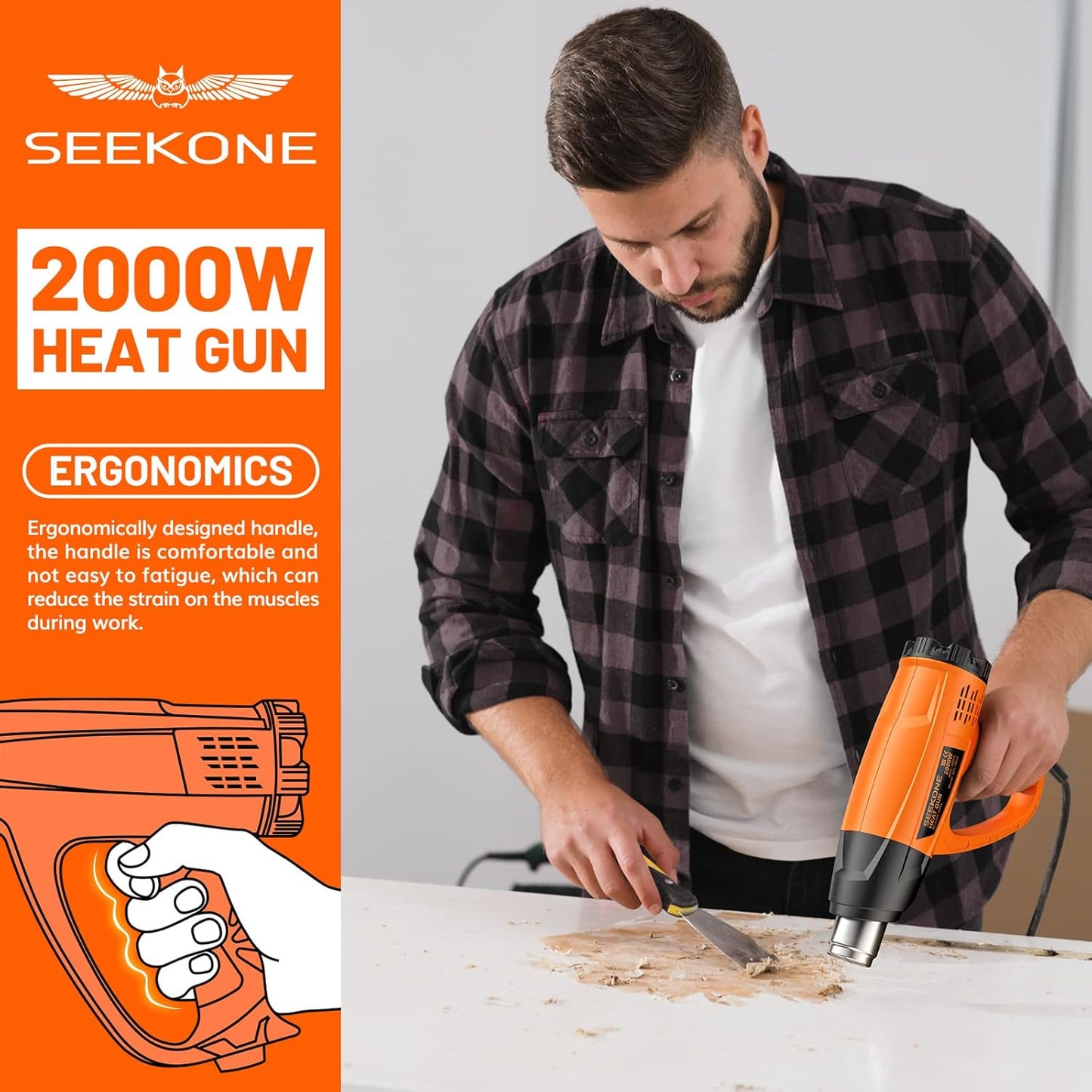 SEEKONE Heißluftpistole Kit, Variable Temperaturregelung 60℃- 600℃ Heissluftgebläse mit 7 Zubehör