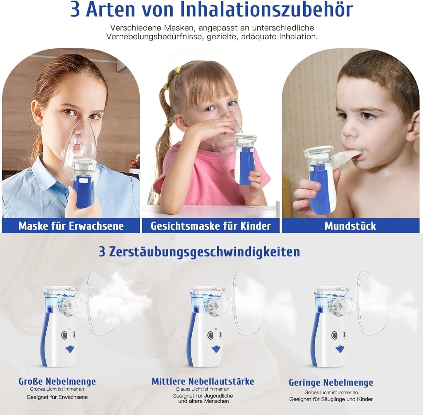 Sentasi Inhaliergeräte mit 2 Masken und 1 Mundstück Ultraleise,3 Einstellbare Sprühbilder (Blau)