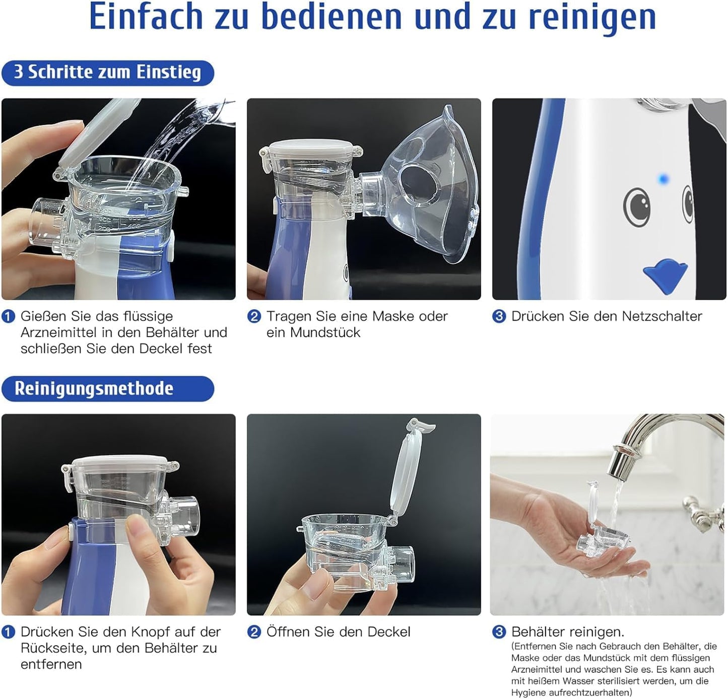 Sentasi Inhaliergeräte mit 2 Masken und 1 Mundstück Ultraleise,3 Einstellbare Sprühbilder (Blau)