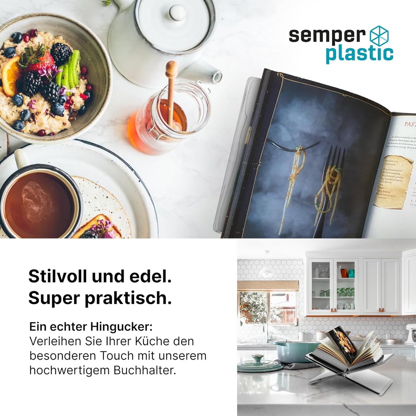 Semper Plastic Acryl Buchständer – Dekorativer aus bruchsicherem Acryl – Leseständer Kochbuchhalter grau zum Lesen und Präsentieren (Schräg)